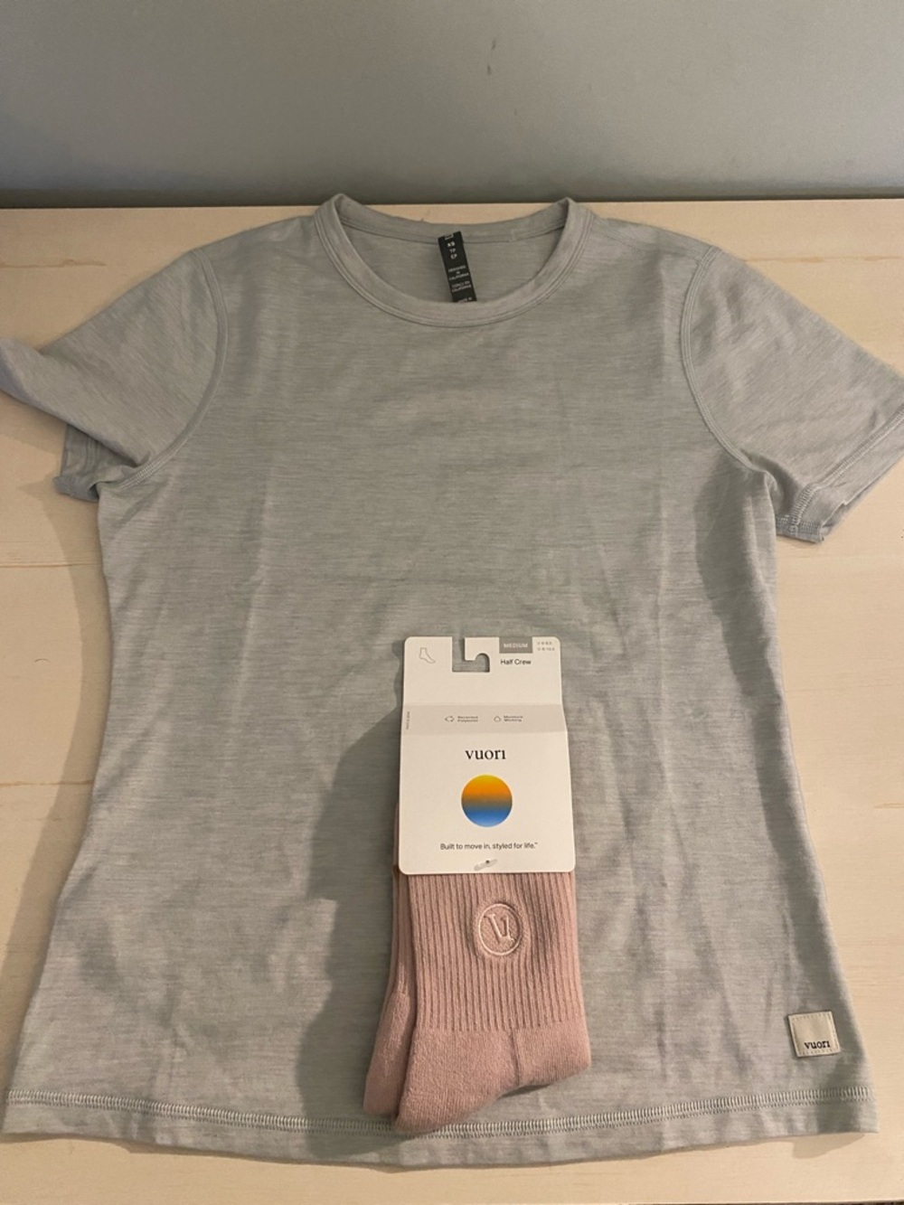 Vuori Pale Gray Crew Short Sleeve Tee and Socks